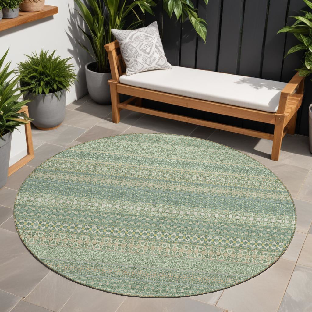 8 Round Artichoke Green Round Striped Washable Non Skid Indoor Outdoor Area Rug