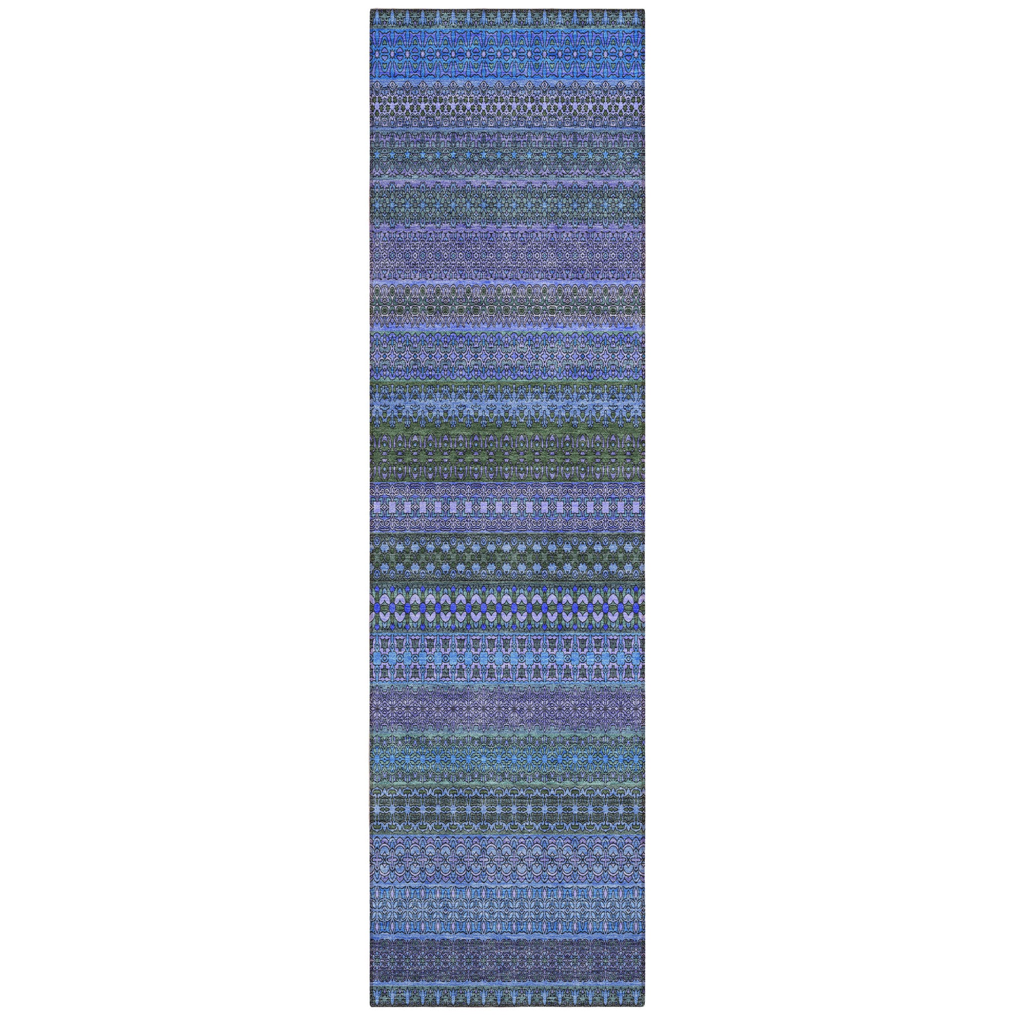 8 Runner Blue and Green Striped Washable Non Skid Indoor Outdoor Runner Rug