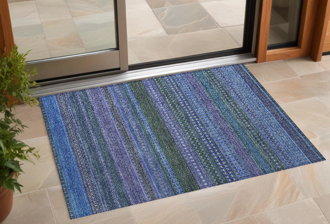 3 X 5 Blue and Green Striped Washable Non Skid Indoor Outdoor Area Rug