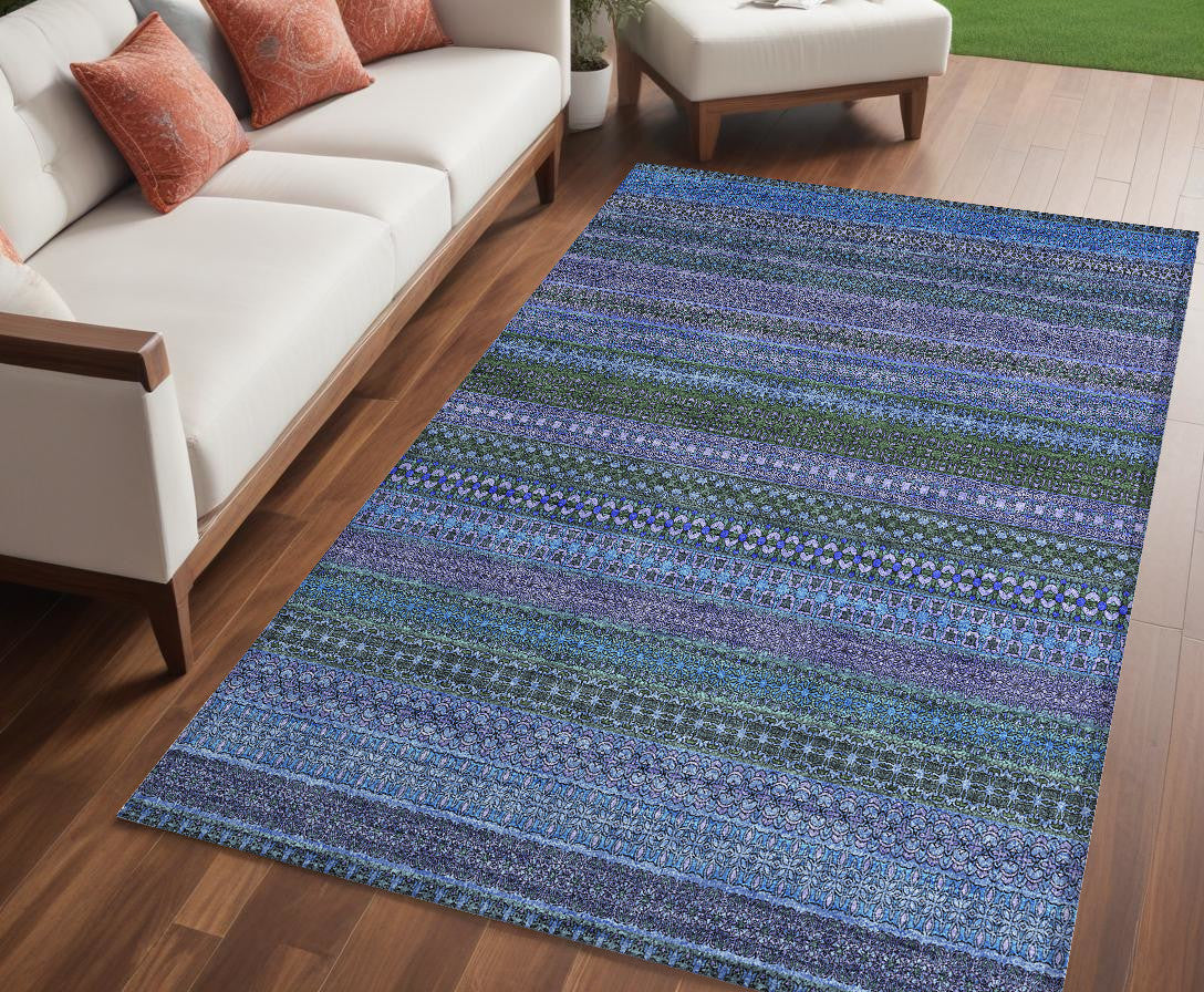 5 X 8 Blue and Green Striped Washable Non Skid Indoor Outdoor Area Rug