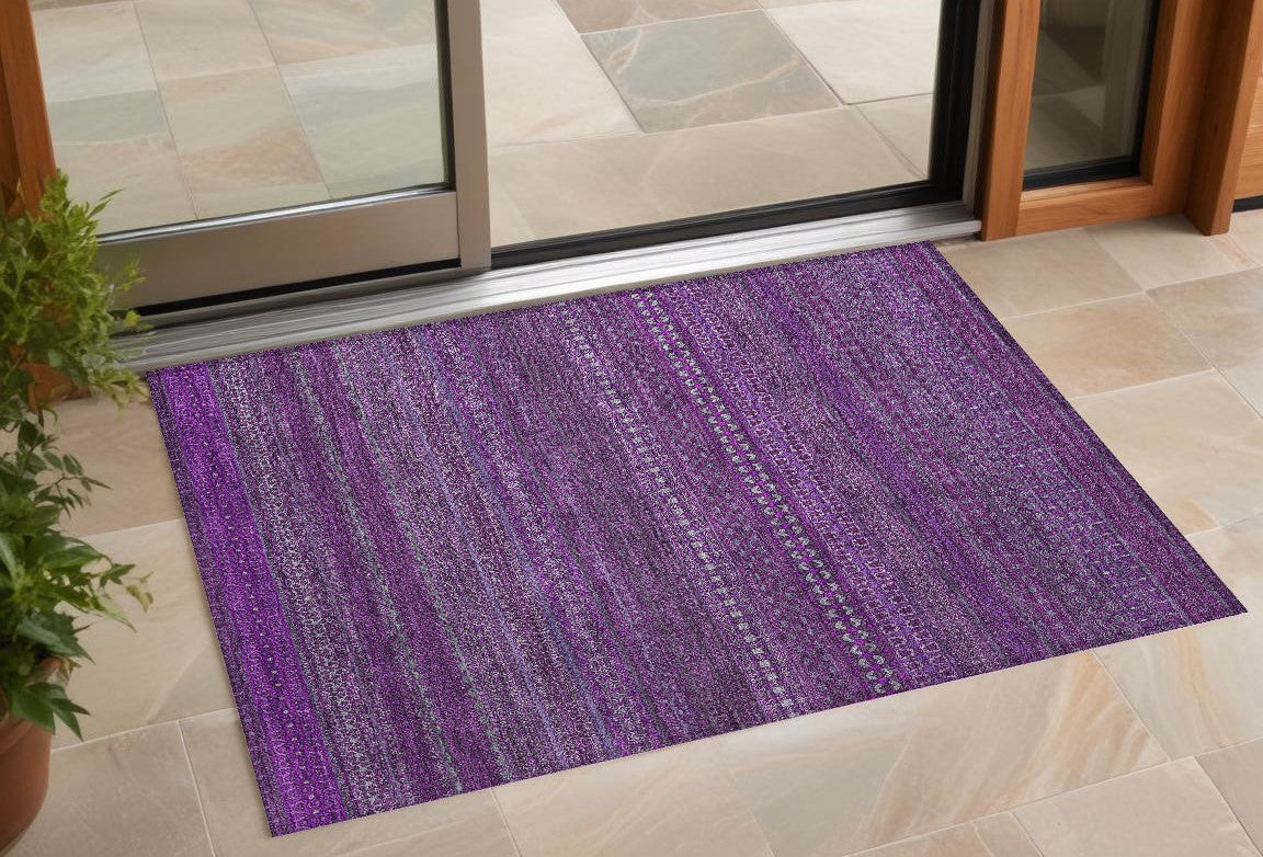 3 X 5 Eggplant Striped Washable Non Skid Indoor Outdoor Area Rug