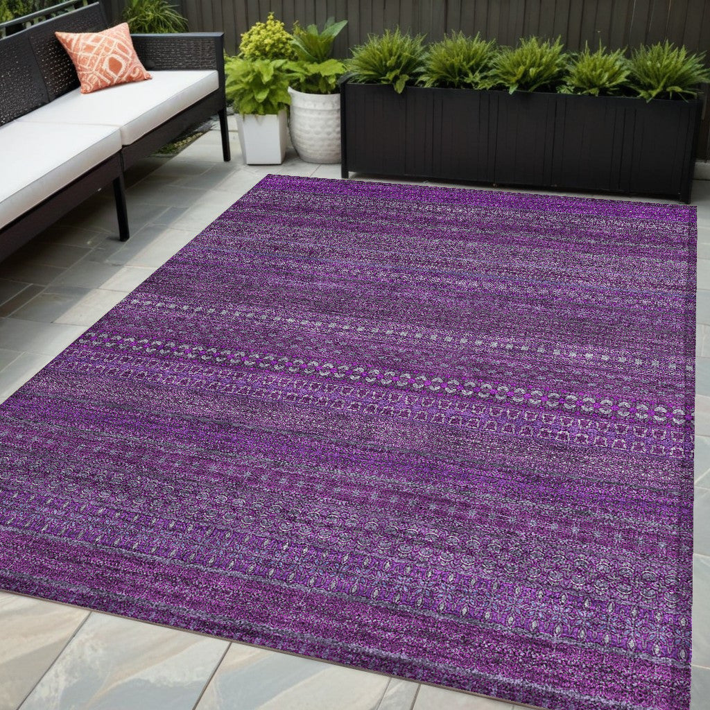 5 X 8 Eggplant Striped Washable Non Skid Indoor Outdoor Area Rug