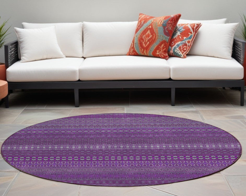 8 Round Eggplant Round Striped Washable Non Skid Indoor Outdoor Area Rug