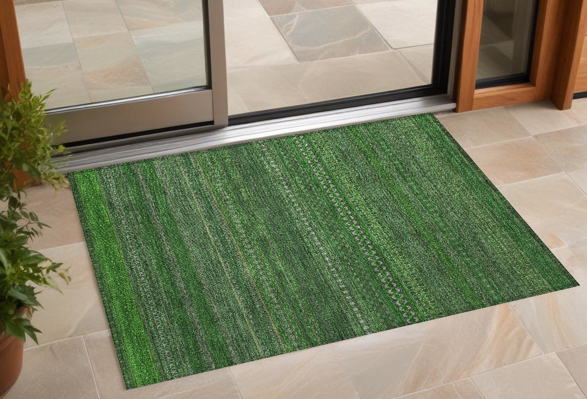 2 X 3 Fern Green Striped Washable Non Skid Indoor Outdoor Area Rug