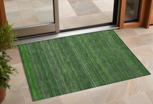 2 X 3 Fern Green Striped Washable Non Skid Indoor Outdoor Area Rug