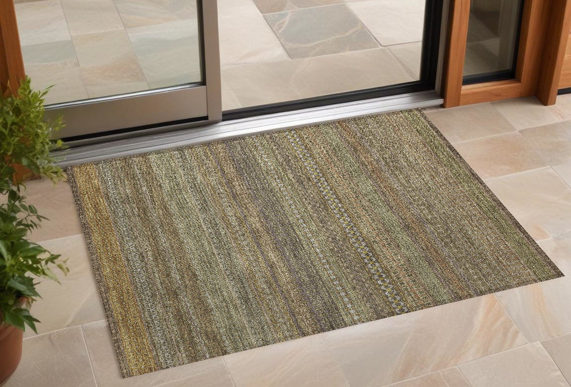 2 X 3 Khaki Striped Washable Non Skid Indoor Outdoor Area Rug