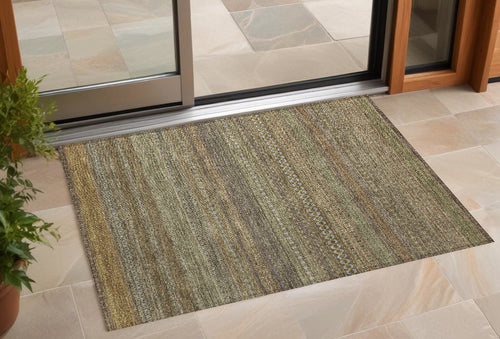 2 X 3 Khaki Striped Washable Non Skid Indoor Outdoor Area Rug