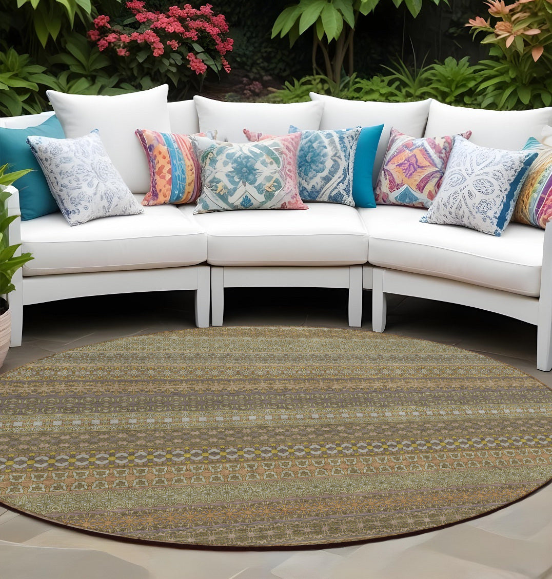 8 Round Khaki Round Striped Washable Non Skid Indoor Outdoor Area Rug
