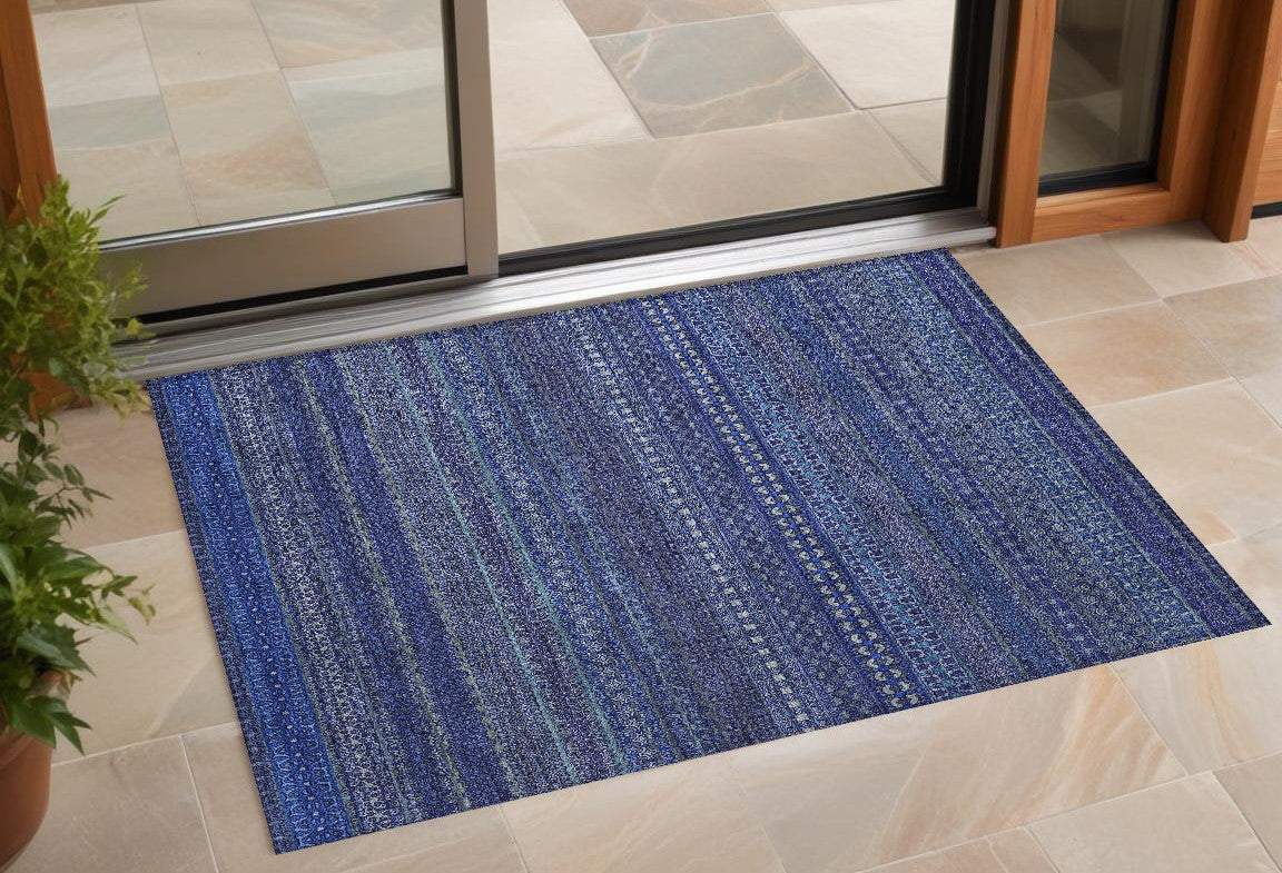 2 X 3 Navy Blue Striped Washable Non Skid Indoor Outdoor Area Rug