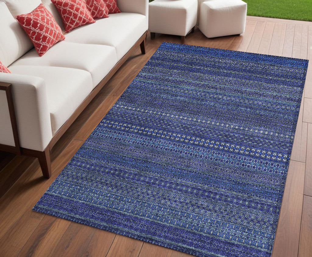 5 X 8 Navy Blue Striped Washable Non Skid Indoor Outdoor Area Rug