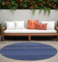 8 Round Navy Blue Round Striped Washable Non Skid Indoor Outdoor Area Rug