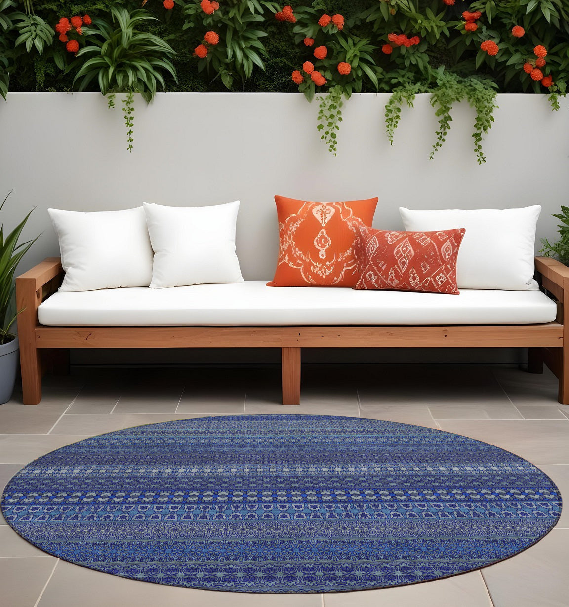 8 Round Navy Blue Round Striped Washable Non Skid Indoor Outdoor Area Rug