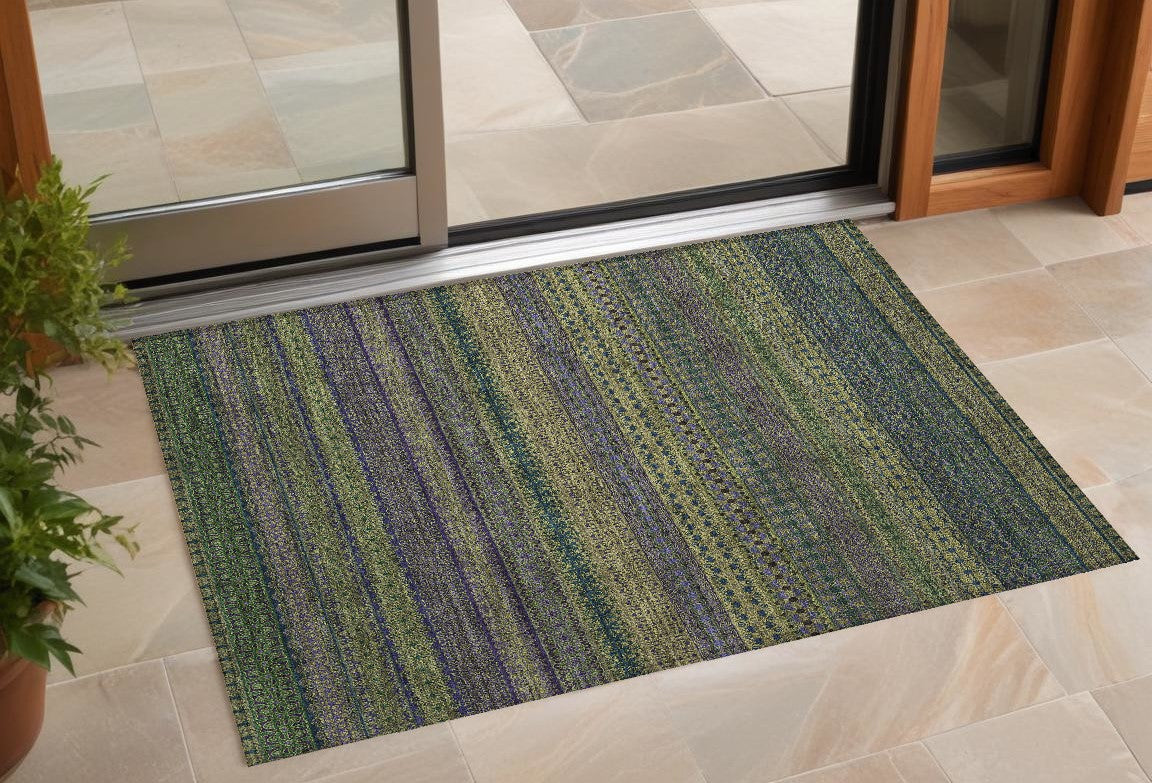 2 X 3 Olive Green Striped Washable Non Skid Indoor Outdoor Area Rug