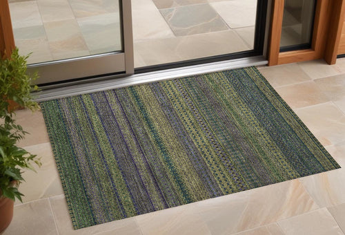 2 X 3 Olive Green Striped Washable Non Skid Indoor Outdoor Area Rug