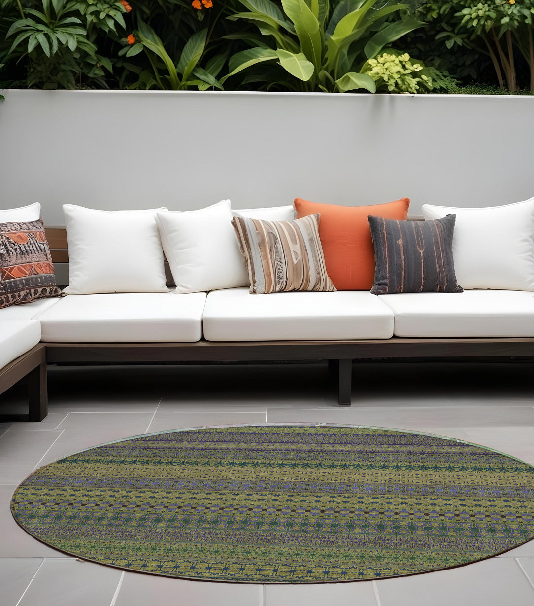 8 Round Olive Green Round Striped Washable Non Skid Indoor Outdoor Area Rug