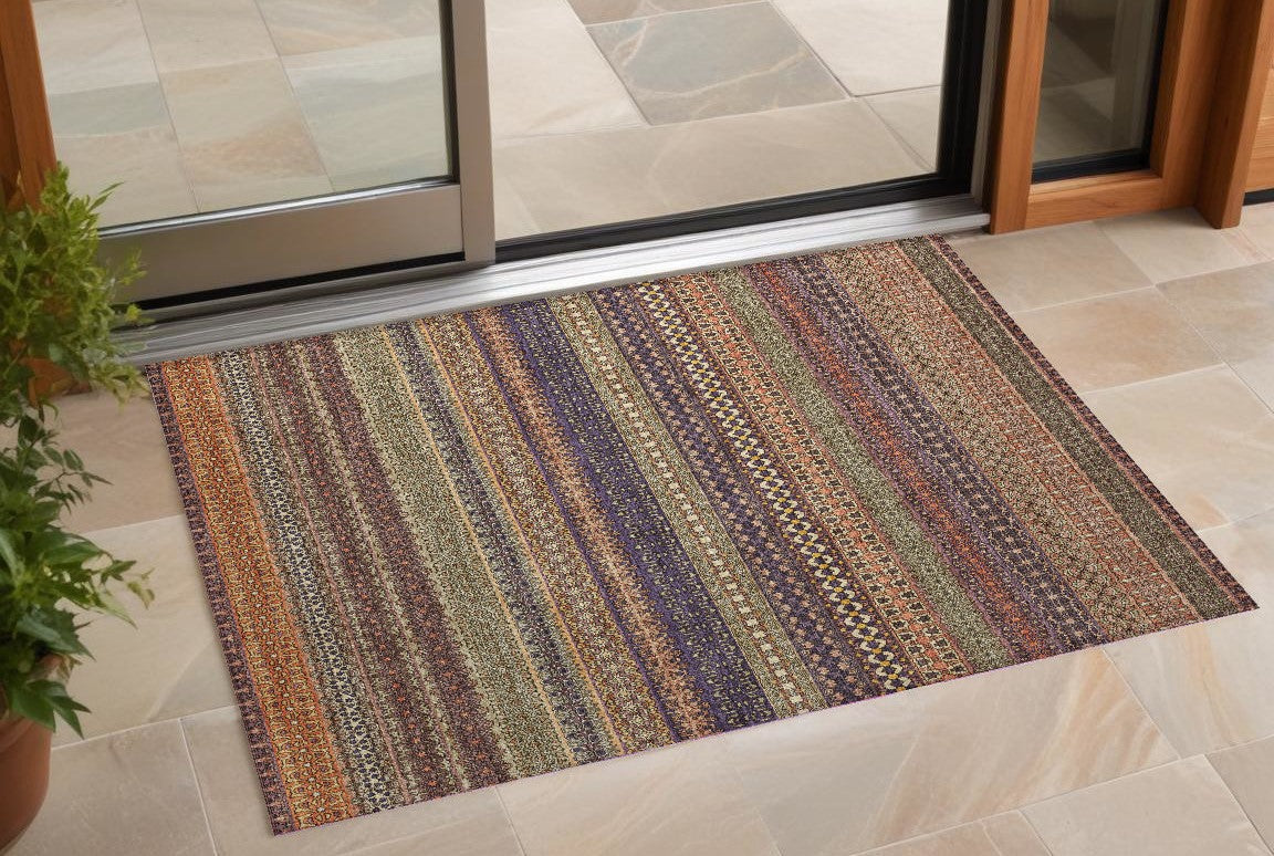 3 X 5 Orange Striped Washable Non Skid Indoor Outdoor Area Rug