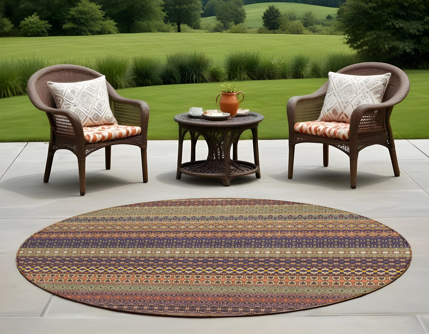 8 Round Orange Round Striped Washable Non Skid Indoor Outdoor Area Rug