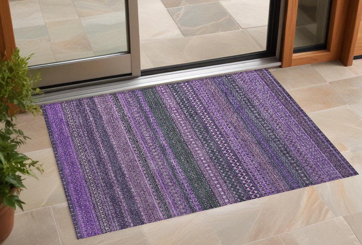 3 X 5 Purple Striped Washable Non Skid Indoor Outdoor Area Rug
