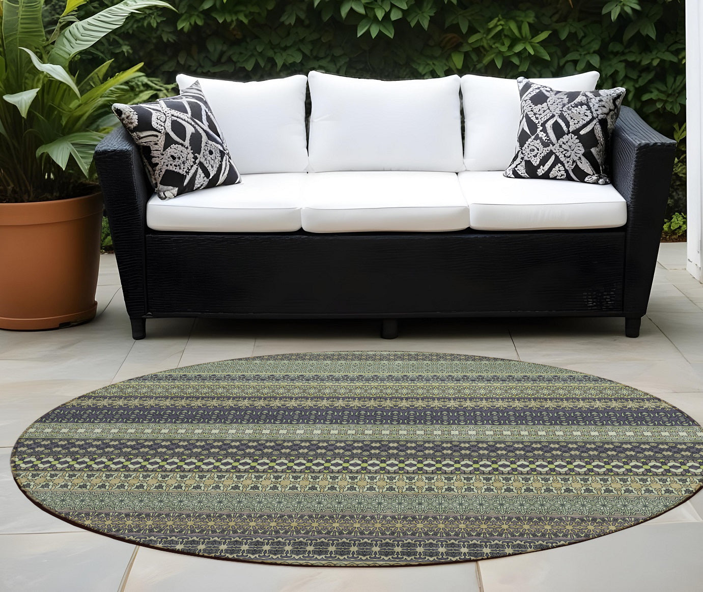8 Round Sage Round Striped Washable Non Skid Indoor Outdoor Area Rug