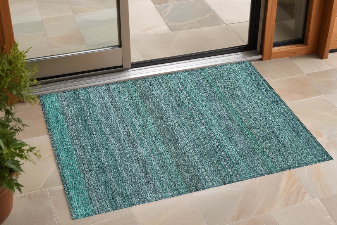 2 X 3 Turquoise Striped Washable Non Skid Indoor Outdoor Area Rug