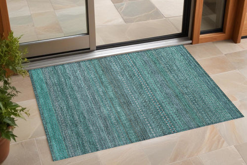 2 X 3 Turquoise Striped Washable Non Skid Indoor Outdoor Area Rug