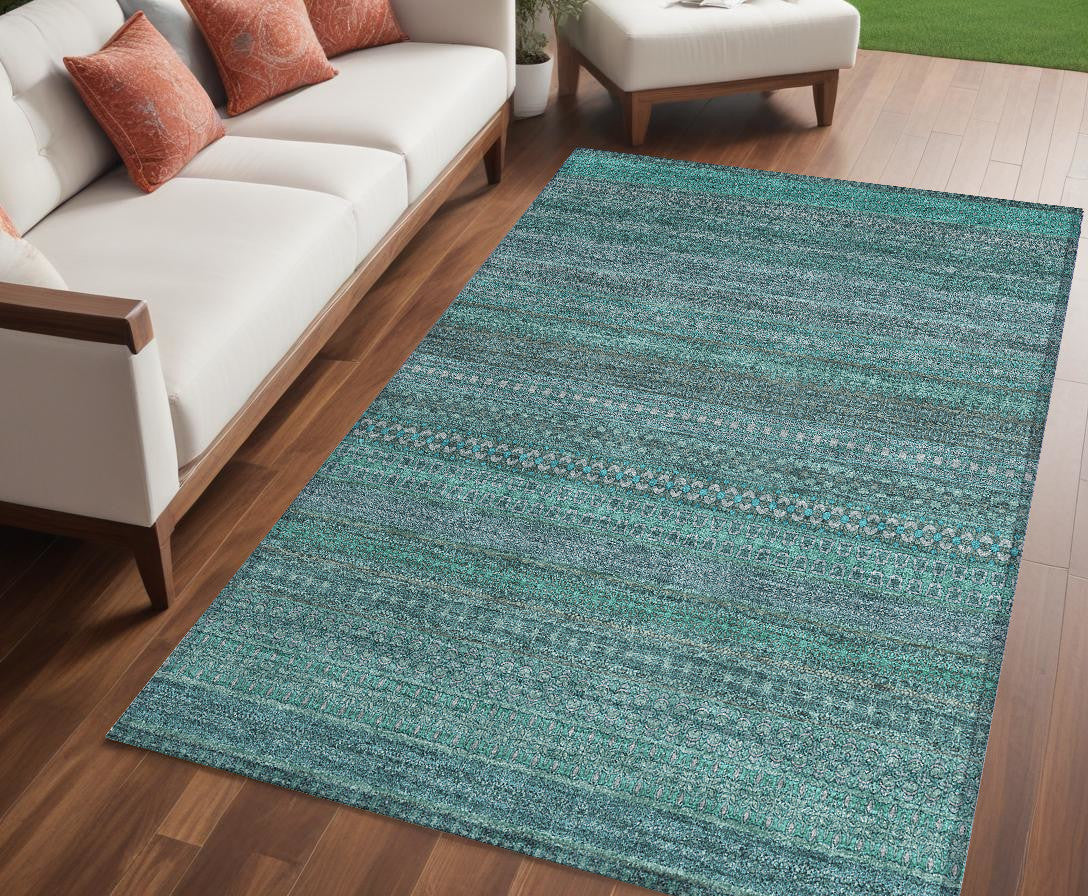 5 X 8 Turquoise Striped Washable Non Skid Indoor Outdoor Area Rug