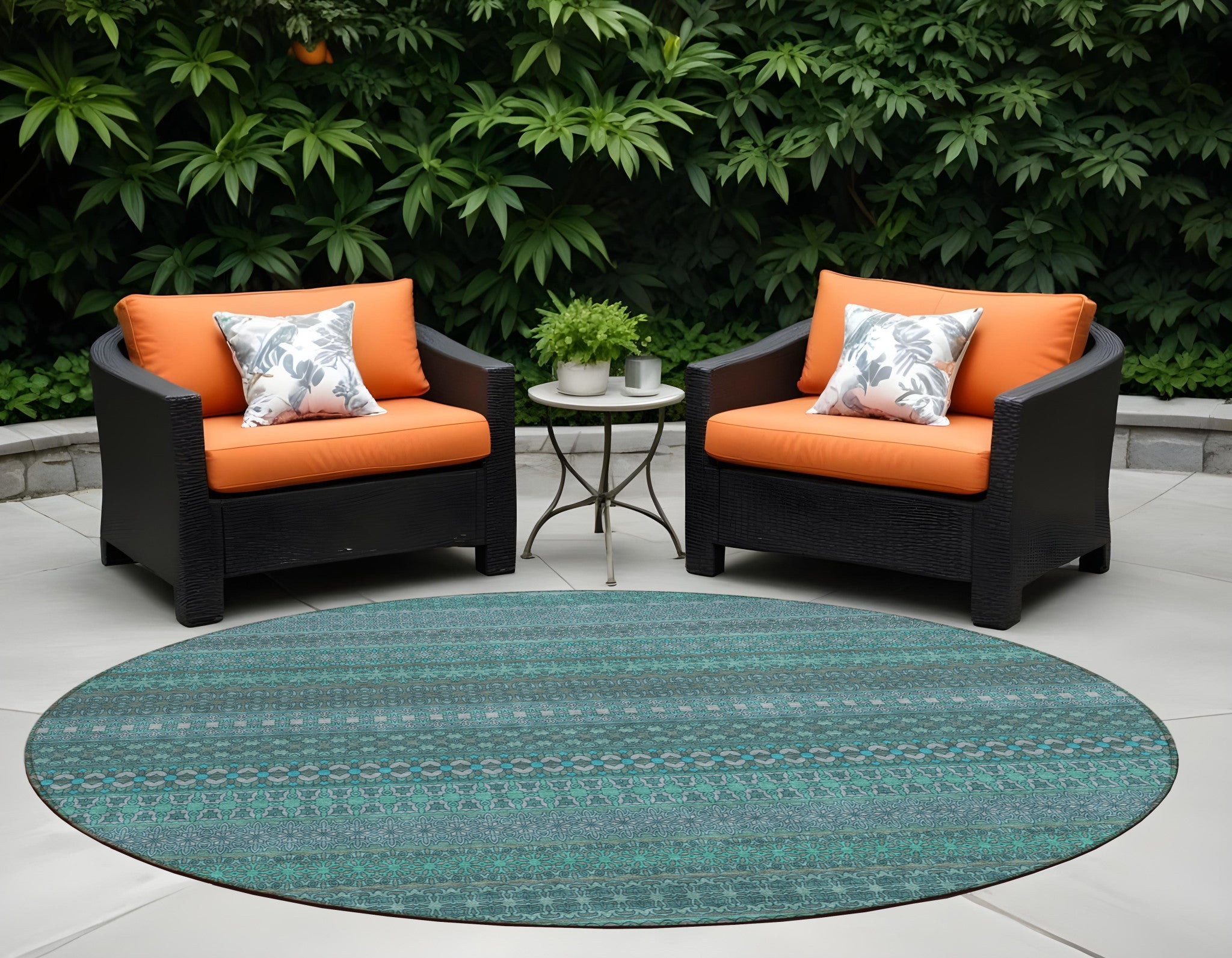 8 Round Turquoise Round Striped Washable Non Skid Indoor Outdoor Area Rug
