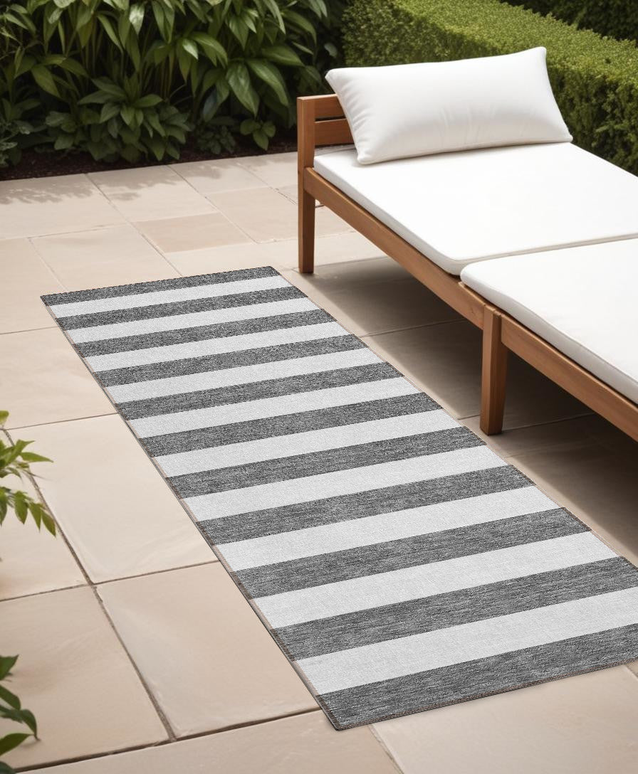 8 Runner Charcoal Striped Washable Non Skid Indoor Outdoor Runner Rug