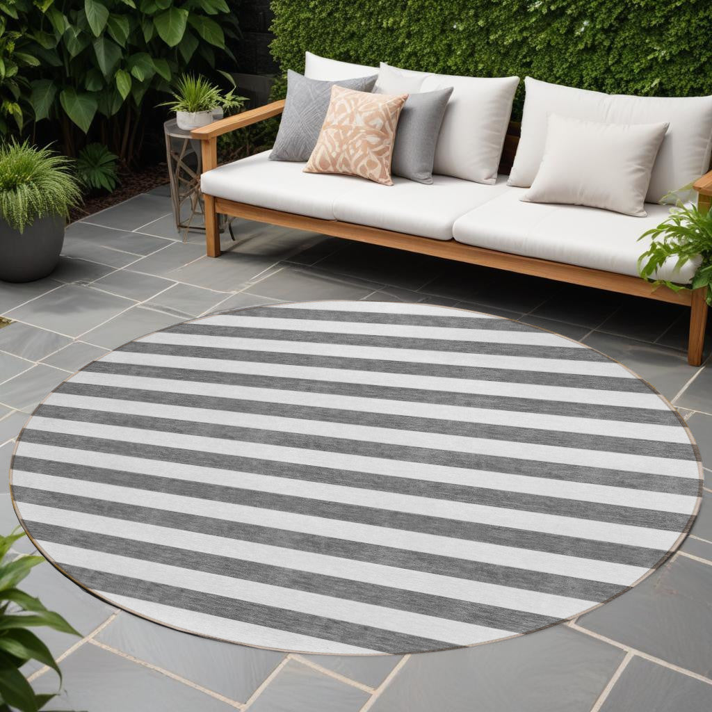 8 Round Charcoal Round Striped Washable Non Skid Indoor Outdoor Area Rug