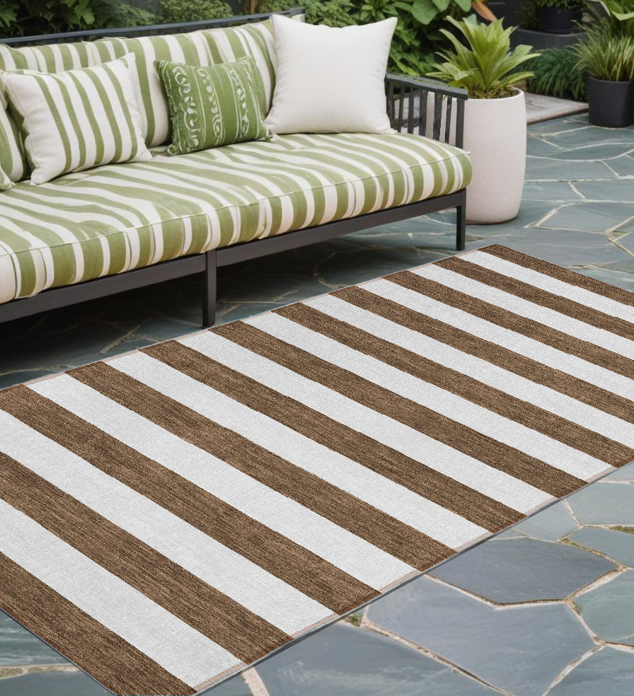 8 Runner Chocolate Striped Washable Non Skid Indoor Outdoor Runner Rug