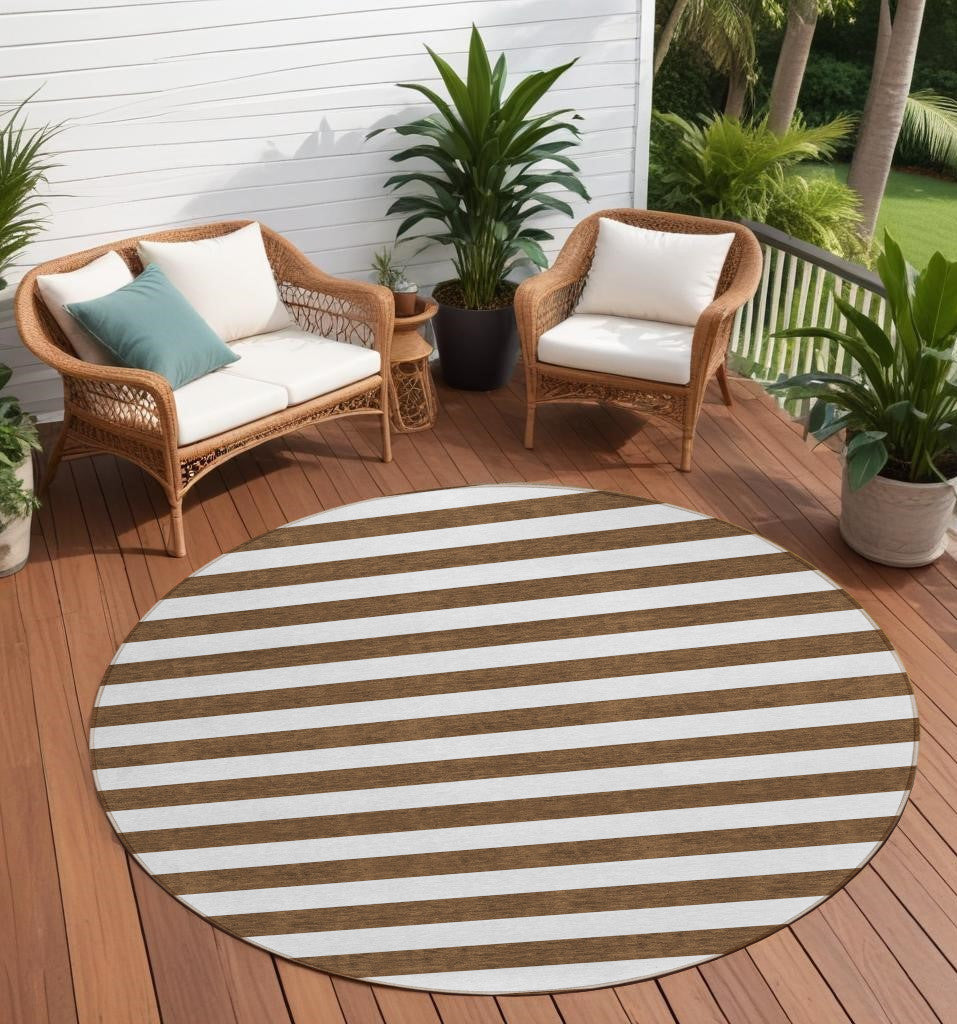 8 Round Chocolate Round Striped Washable Non Skid Indoor Outdoor Area Rug