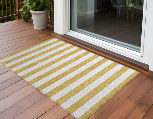2 X 3 Gold Striped Washable Non Skid Indoor Outdoor Area Rug