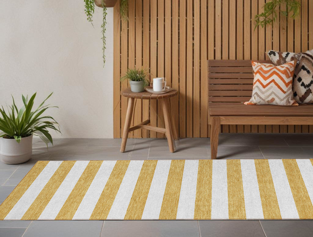 8 Runner Gold Striped Washable Non Skid Indoor Outdoor Runner Rug