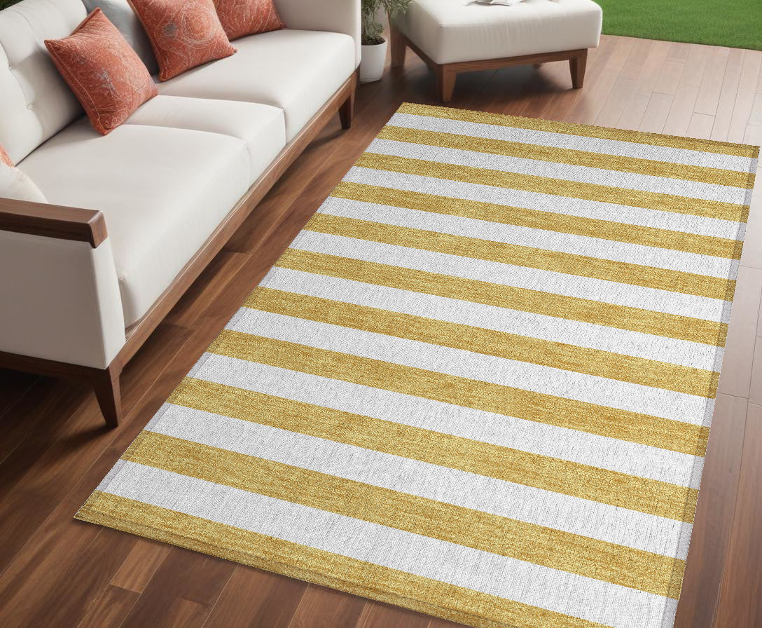 5 X 8 Gold Striped Washable Non Skid Indoor Outdoor Area Rug