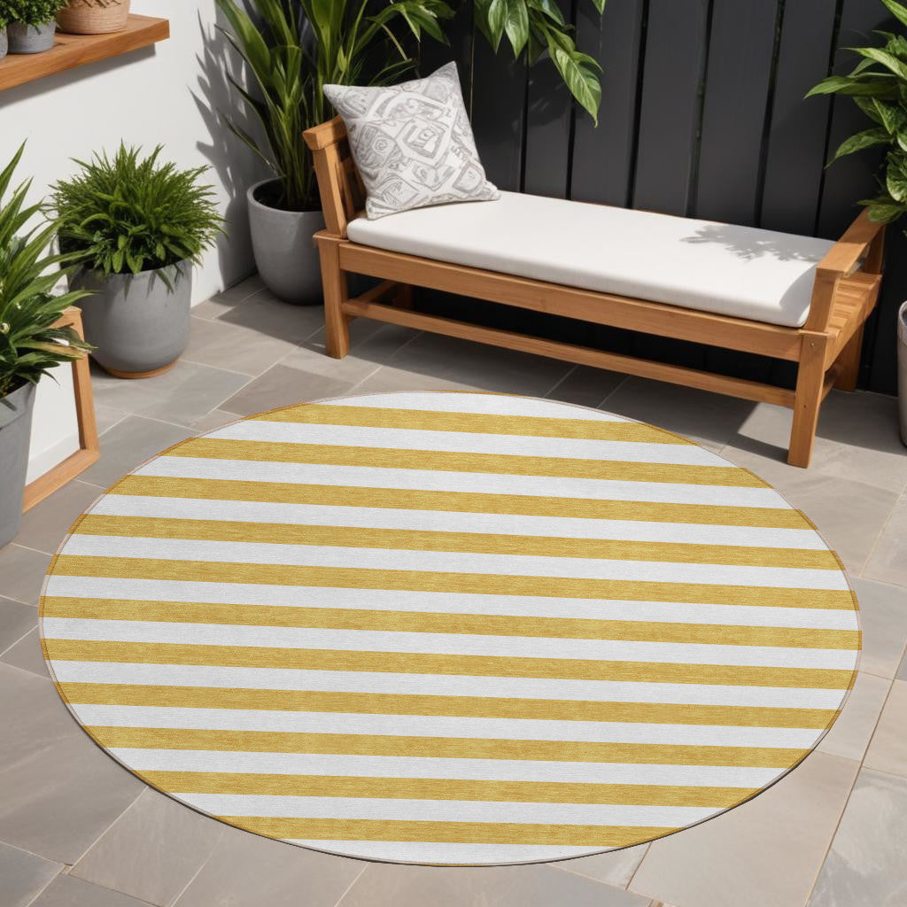 8 Round Gold Round Striped Washable Non Skid Indoor Outdoor Area Rug