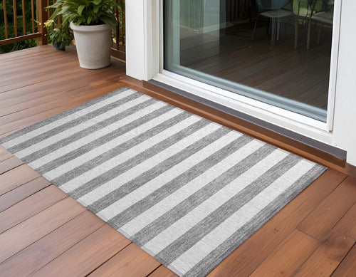 2 X 3 Gray and White Striped Washable Non Skid Indoor Outdoor Area Rug
