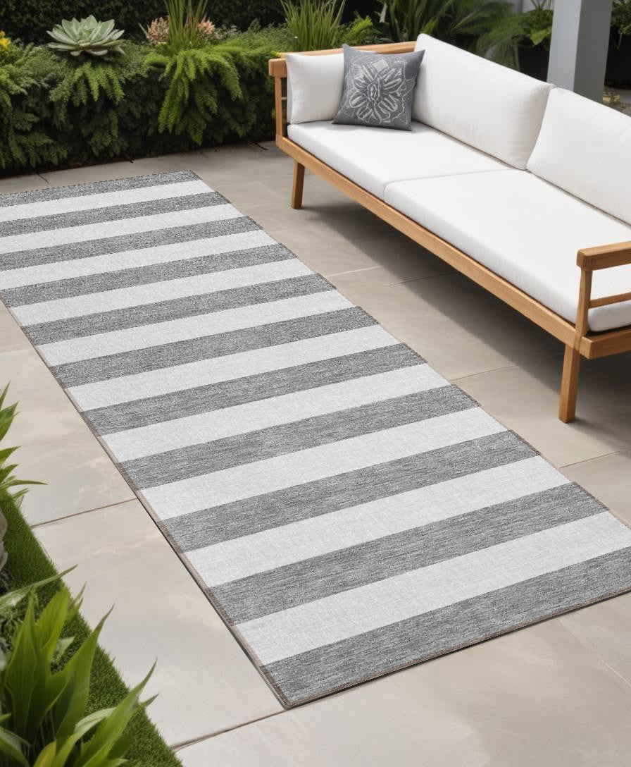 8 Runner Gray and White Striped Washable Non Skid Indoor Outdoor Runner Rug