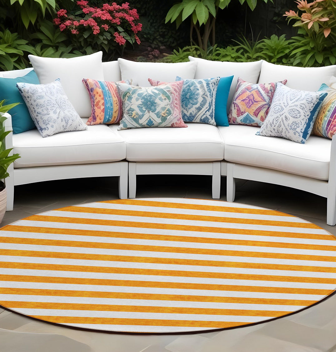 8 Round Orange and White Round Striped Washable Non Skid Indoor Outdoor Area Rug