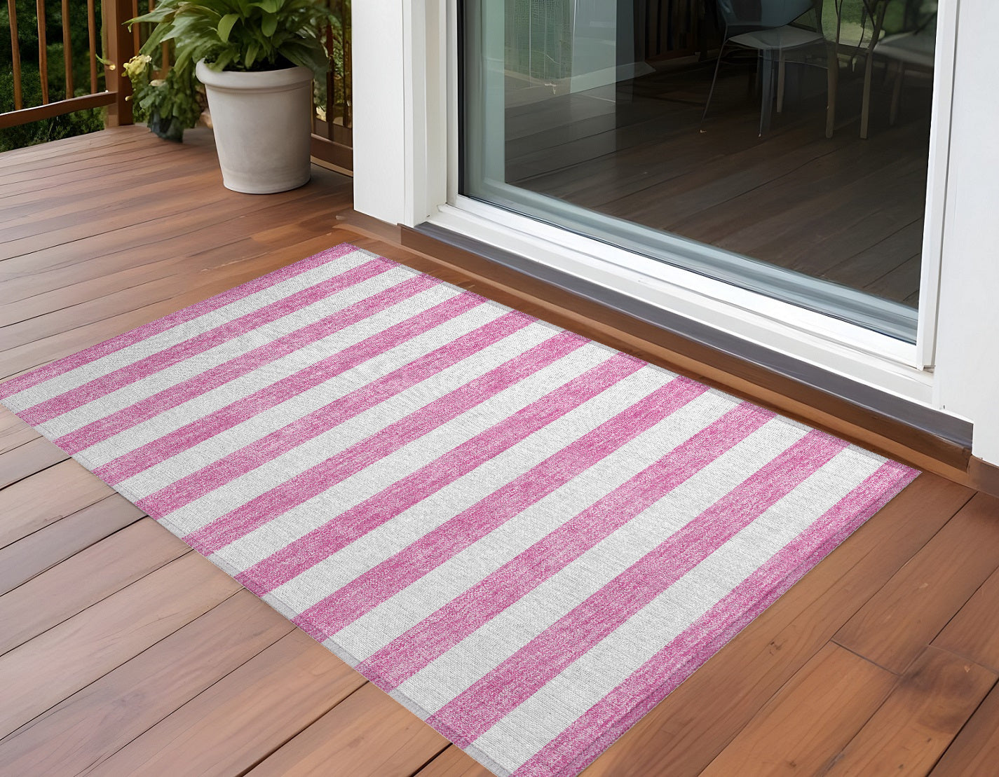 3 X 5 Pink and White Striped Washable Non Skid Indoor Outdoor Area Rug