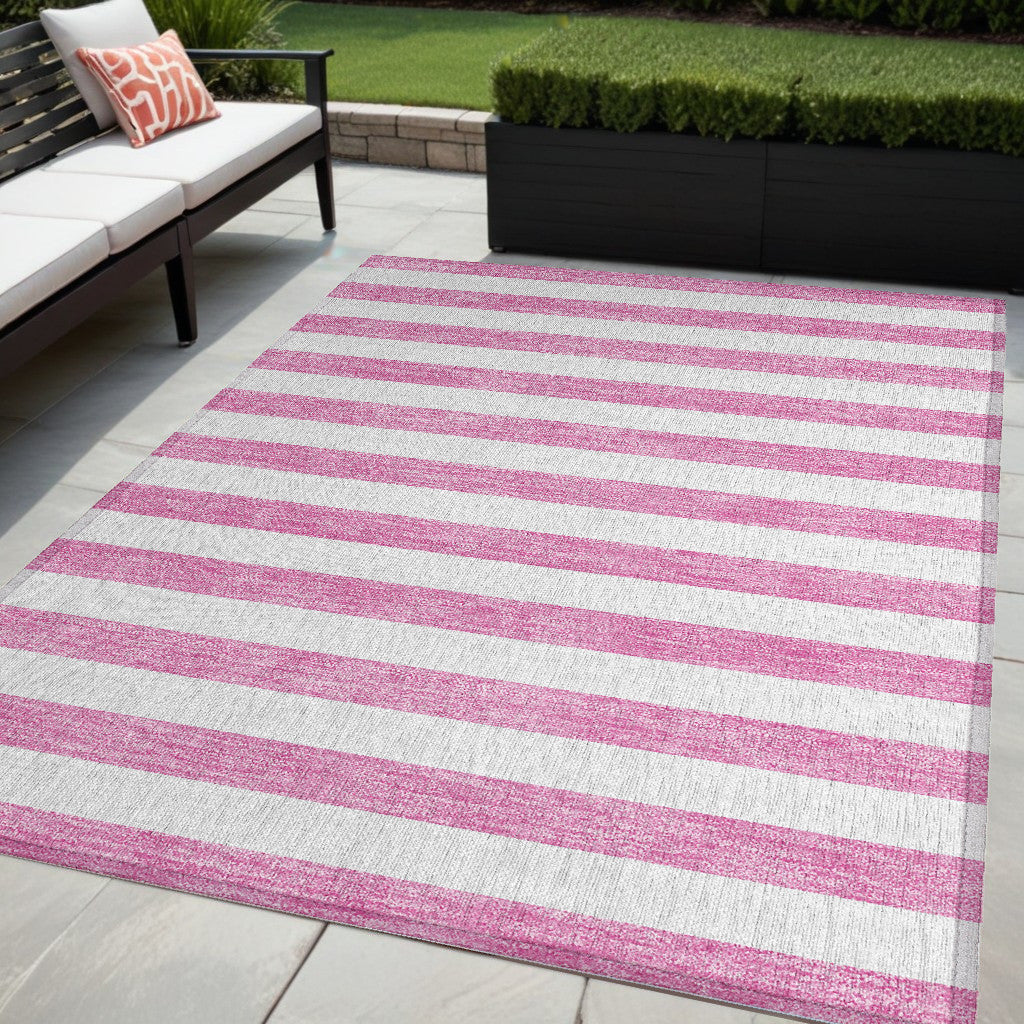5 X 8 Pink and White Striped Washable Non Skid Indoor Outdoor Area Rug