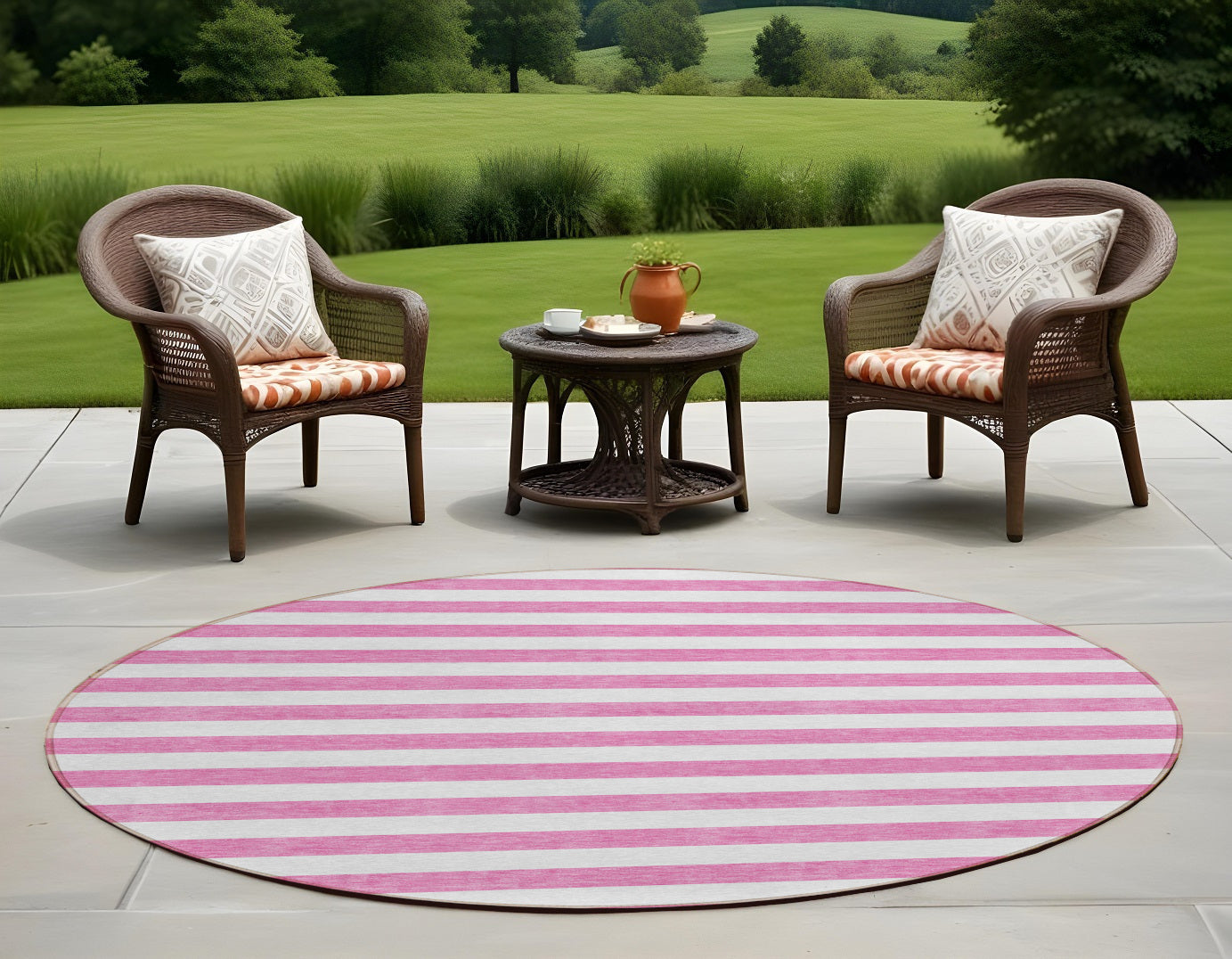 8 Round Pink and White Round Striped Washable Non Skid Indoor Outdoor Area Rug