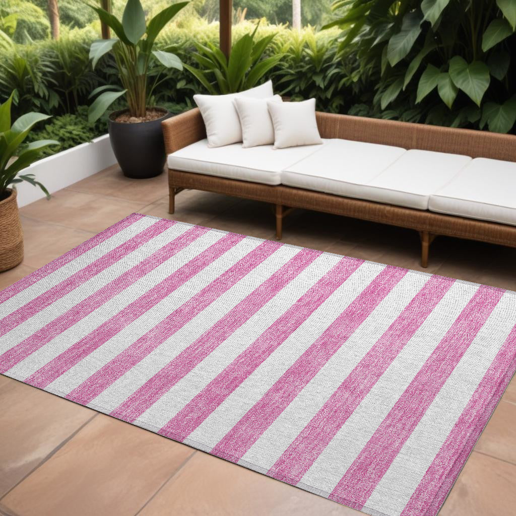9 X 12 Pink and White Striped Washable Non Skid Indoor Outdoor Area Rug