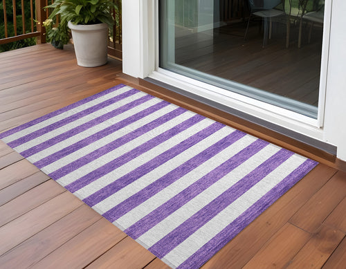 2 X 3 Purple and White Striped Washable Non Skid Indoor Outdoor Area Rug