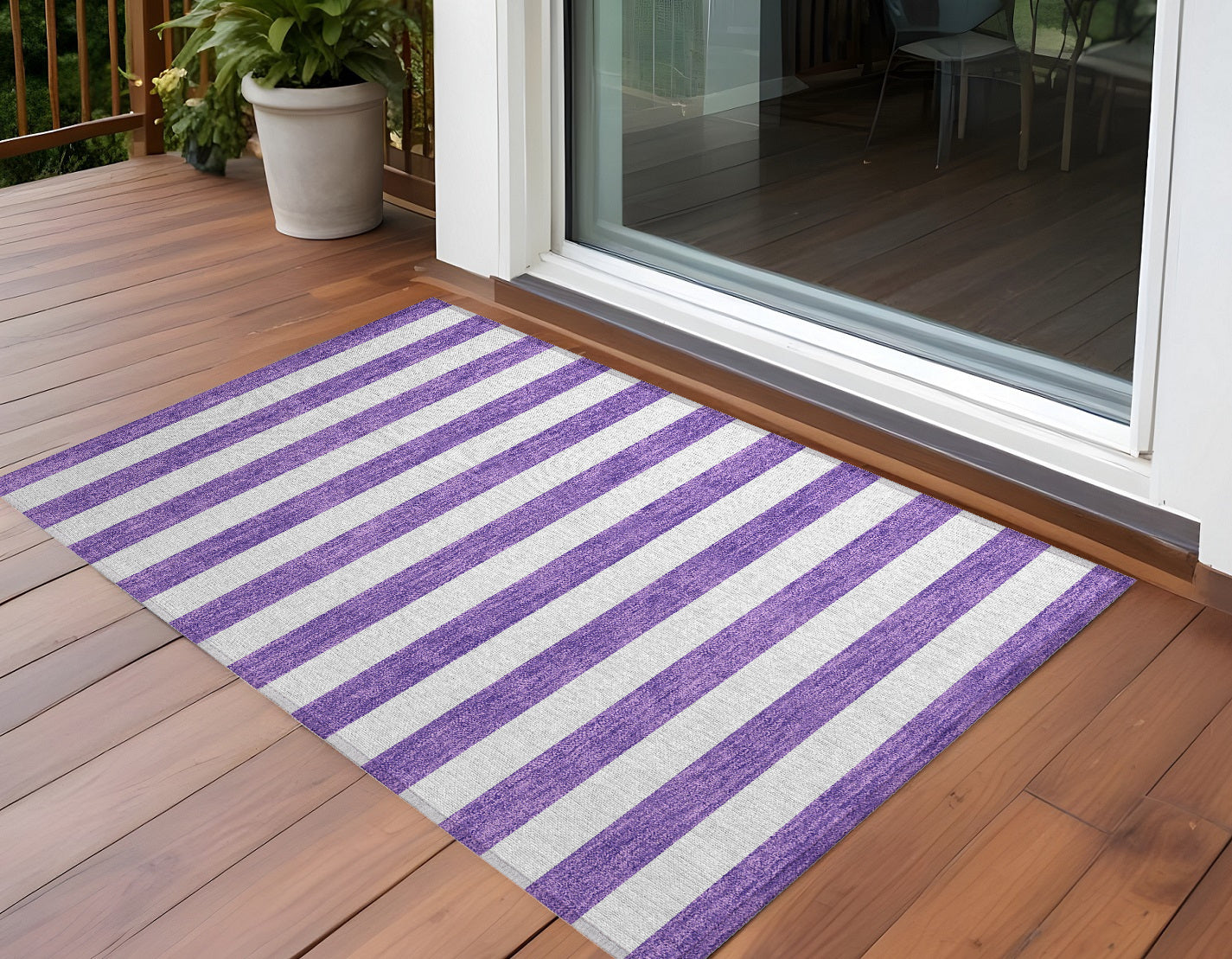 3 X 5 Purple and White Striped Washable Non Skid Indoor Outdoor Area Rug