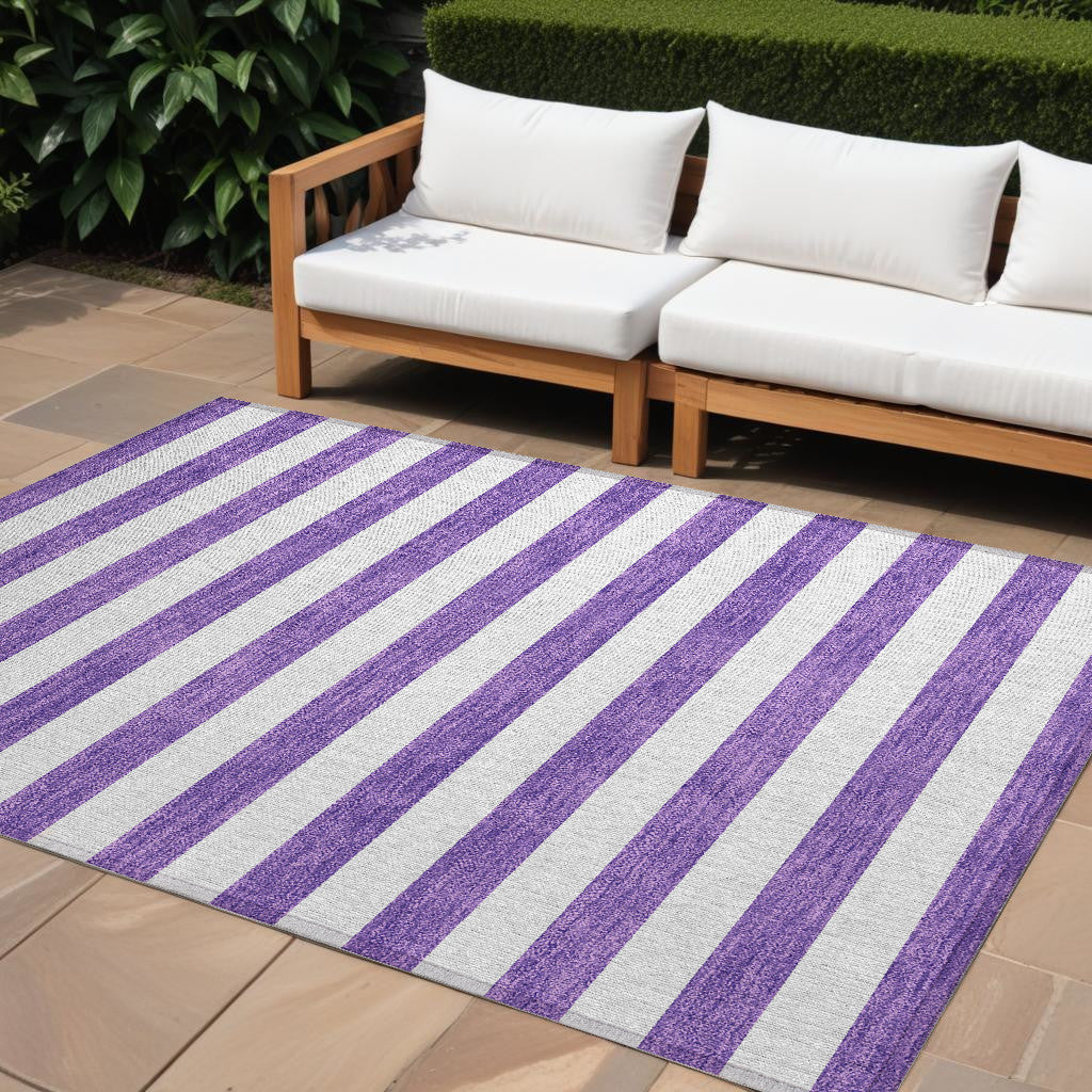 10 X 14 Purple and White Striped Washable Non Skid Indoor Outdoor Area Rug