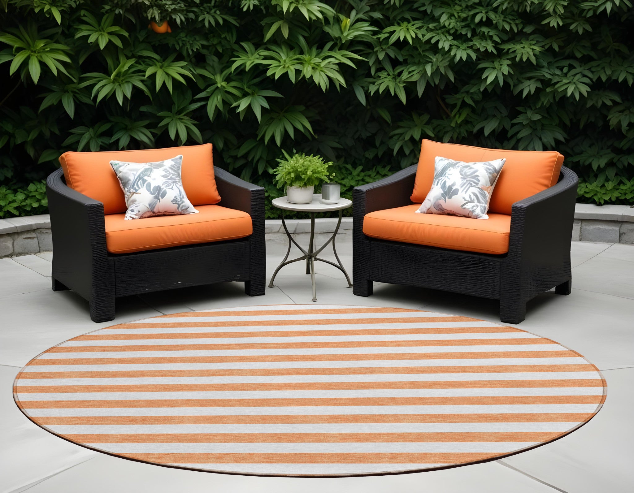 8 Round Salmon Round Striped Washable Non Skid Indoor Outdoor Area Rug