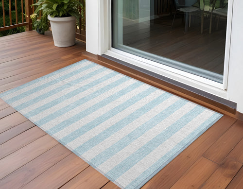2 X 3 Sky Blue Striped Washable Non Skid Indoor Outdoor Area Rug