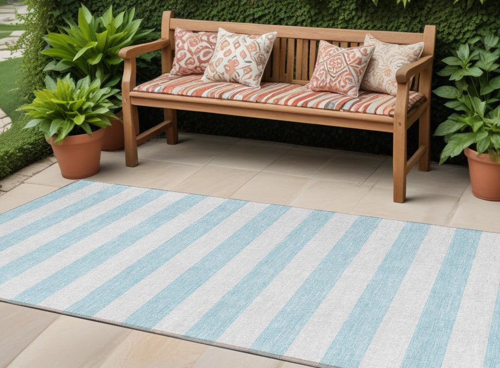 8 Runner Sky Blue Striped Washable Non Skid Indoor Outdoor Runner Rug