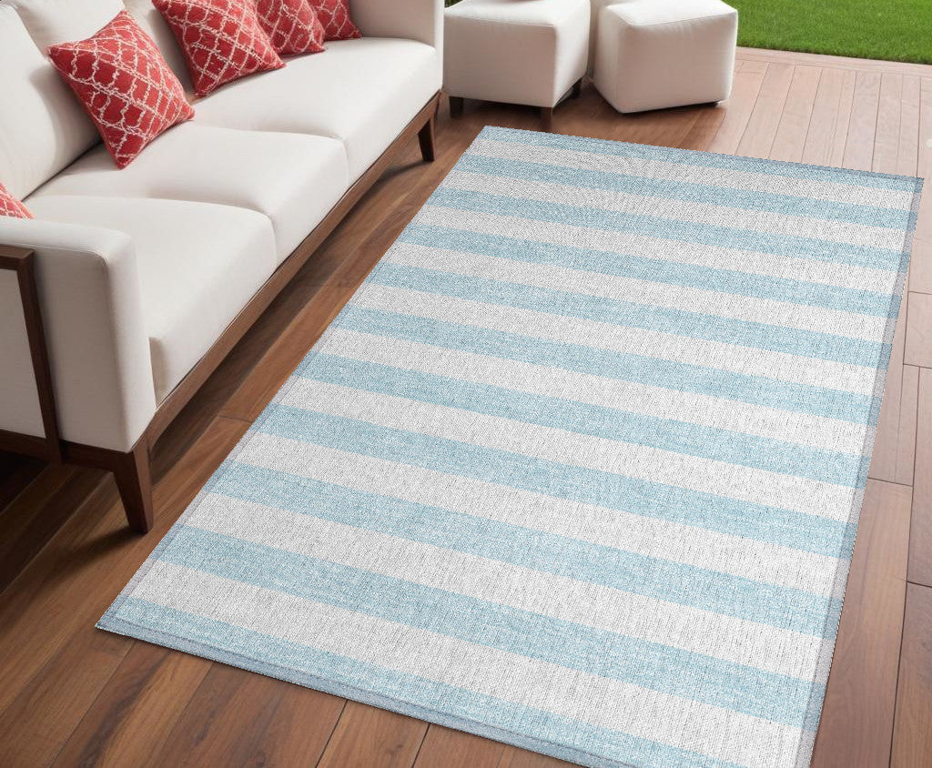 5 X 8 Sky Blue Striped Washable Non Skid Indoor Outdoor Area Rug