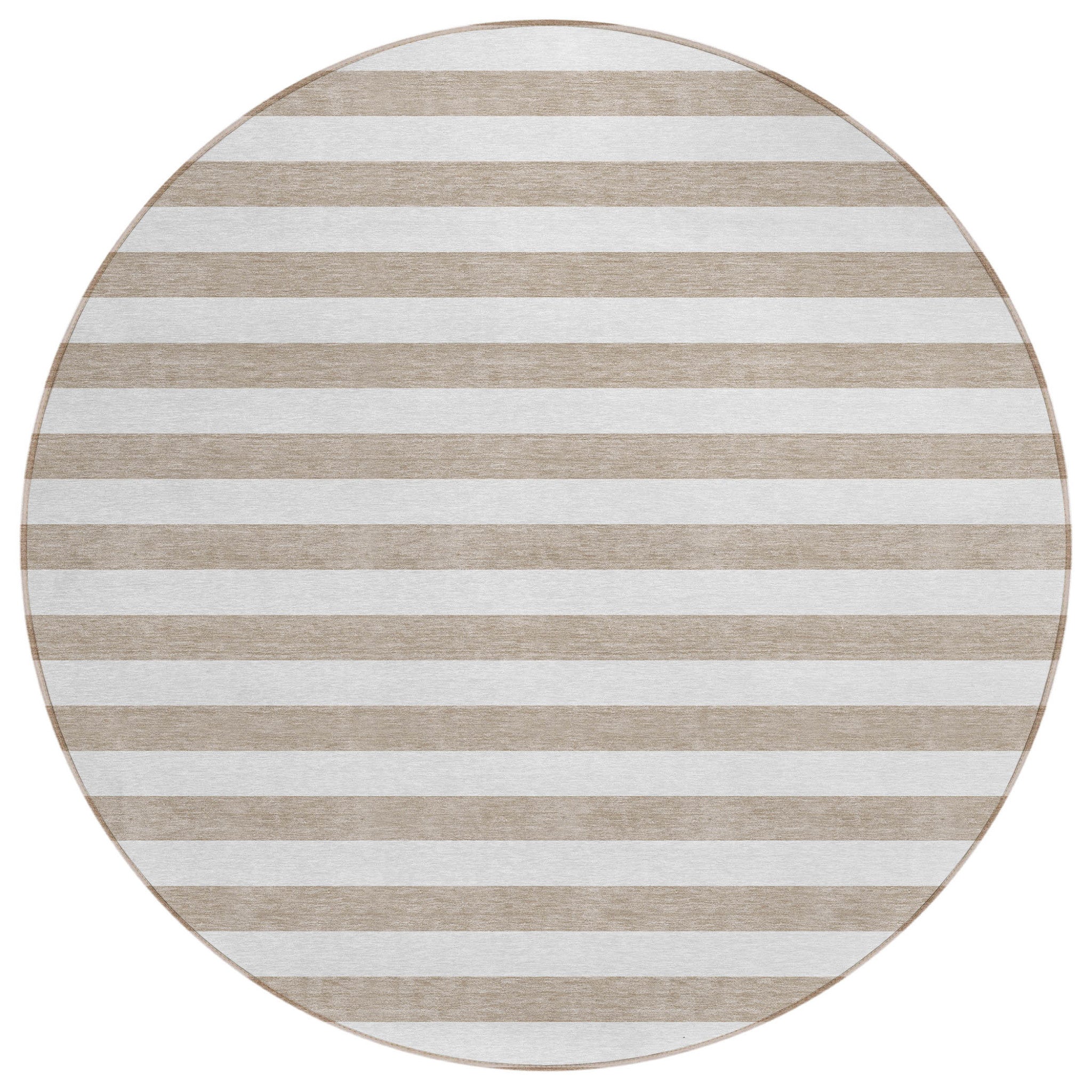 8 Round Taupe and White Round Striped Washable Non Skid Indoor Outdoor Area Rug